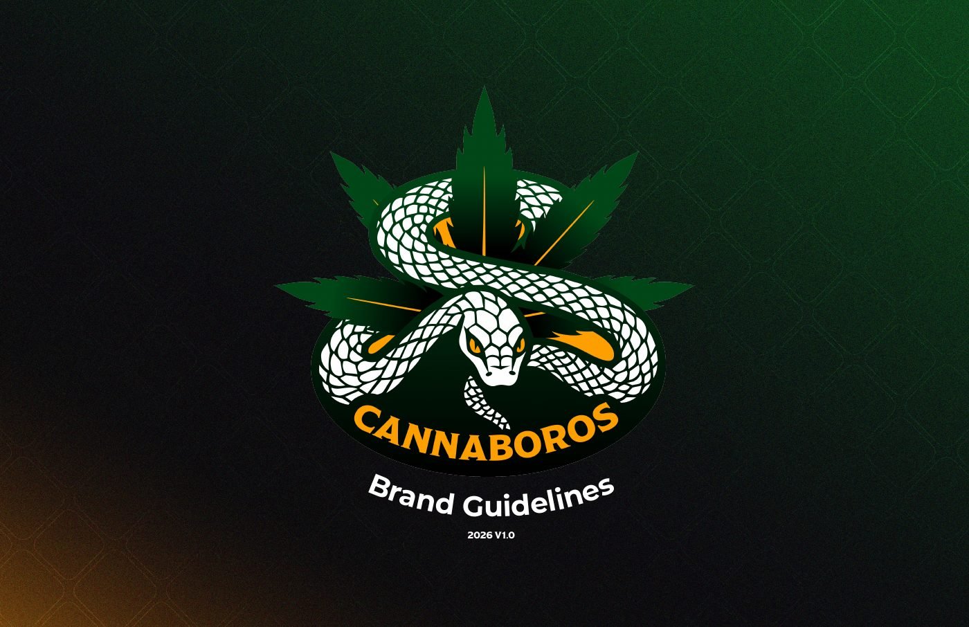 Cover of the Cannaboros brand guidelines, with a serpent circling a cannabis leaf