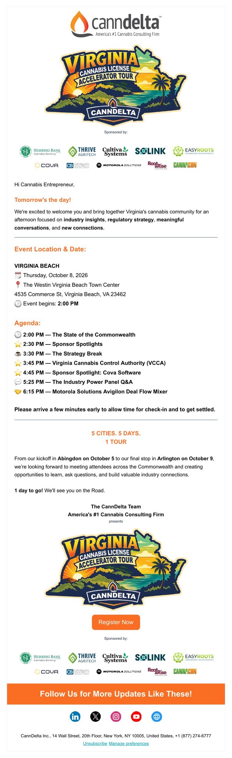 CannDelta “1 Day to Go” reminder email with the Virginia Beach agenda
