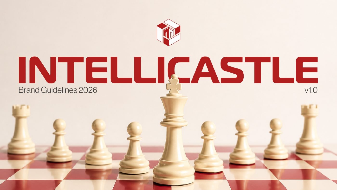 Cover of the Intellicastle brand guidelines, with chess pieces on a red and white board